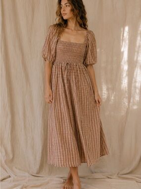 Christy Dawn Katrina Smocked Midi Dress in Chestnut Plaid XL